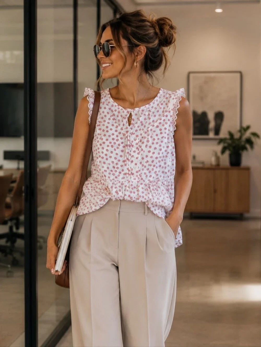 LC Lauren Conrad White Blouse with Pink Polka Dot Print